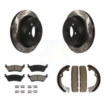 Rear Disc Drilled & Slotted Rotors Ceramic Pads Parking Brake Shoes Kit For Ford F-150 KDC-101349