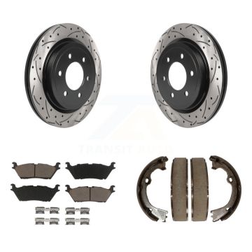 Rear Disc Drilled & Slotted Rotors Ceramic Pads Parking Brake Shoes Kit For Ford F-150 KDC-101351