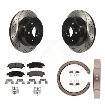 Rear Disc Drilled & Slotted Rotors Ceramic Pads And Parking Brake Shoes Kit For KDC-101374