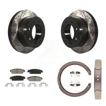 Rear Disc Drilled & Slotted Rotors Ceramic Pads And Parking Brake Shoes Kit For KDC-101379