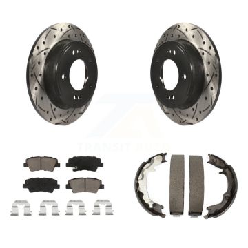 Rear Disc Drilled & Slotted Rotors Ceramic Pads Parking Shoes Kit For 2014 Kia Forte Koup KDC-101384