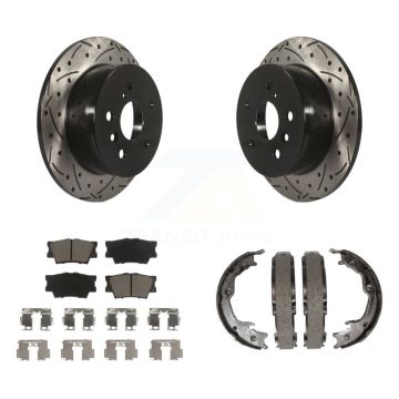 Rear Disc Drilled & Slotted Rotors Ceramic Pads Parking Shoes Kit For Toyota Camry Lexus KDC-101389