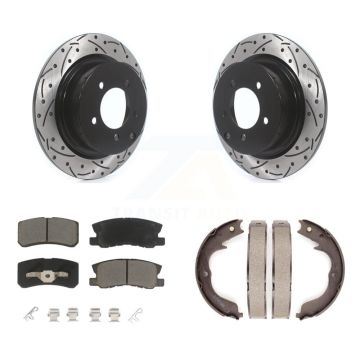 Rear Disc Drilled & Slotted Rotors Ceramic Pads And Parking Brake Shoes Kit For KDC-101394
