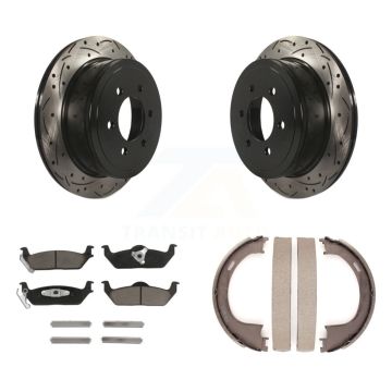 Rear Disc Drilled & Slotted Rotors Ceramic Pads Parking Shoes Kit For Ford F-150 Lincoln KDC-101395
