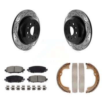 Rear Disc Drilled & Slotted Rotors Ceramic Pads Parking Brake Shoes Kit For Jeep Wrangler KDC-101402