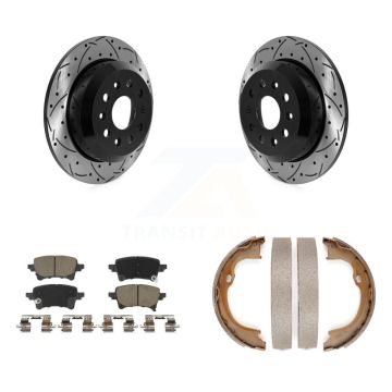 Rear Disc Drilled & Slotted Rotors Ceramic Pads Parking Brake Shoes Kit For Jeep Wrangler KDC-101404