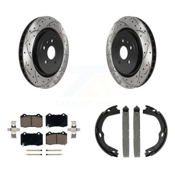 Rear Disc Drilled & Slotted Rotors Ceramic Pads Parking Shoes Kit For Chevrolet Camaro KDC-101418