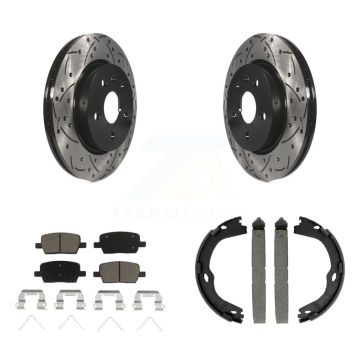 Rear Disc Drilled & Slotted Rotors Ceramic Pads Parking Shoes Kit For Chevrolet Camaro KDC-101419