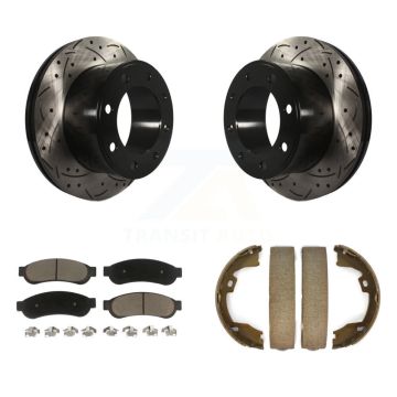 Rear Disc Drilled & Slotted Rotors Ceramic Pads Parking Shoes Kit For Ford F-350 Super KDC-101420