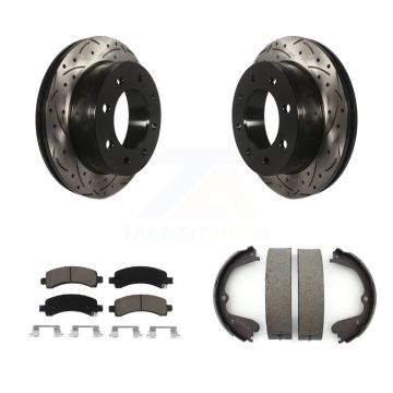 Rear Disc Drilled & Slotted Rotors Ceramic Pads And Parking Shoes Kit For GMC Savana 3500 KDC-101440