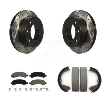 Rear Disc Drilled & Slotted Rotors Ceramic Pads And Parking Shoes Kit For GMC Savana 3500 KDC-101441