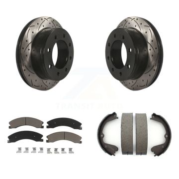 Rear Disc Drilled & Slotted Rotors Ceramic Pads And Parking Brake Shoes Kit For KDC-101462