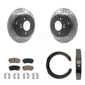 Rear Disc Drilled & Slotted Rotors Ceramic Pads Parking Brake Shoes Kit For Kia Optima KDC-101470