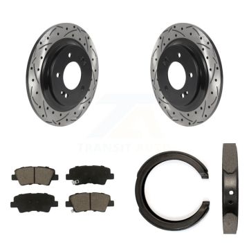 Rear Disc Drilled & Slotted Rotors Ceramic Pads Parking Brake Shoes Kit For Kia Optima KDC-101472