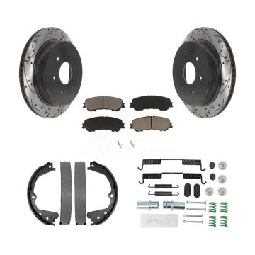 Rear Disc Drilled & Slotted Rotors Ceramic Pads Parking Brake Shoes And Hardware Kit For KDC-101485