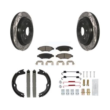 Rear Disc Drilled & Slotted Rotors Ceramic Pads Parking Brake Shoes And Hardware Kit For KDC-101491