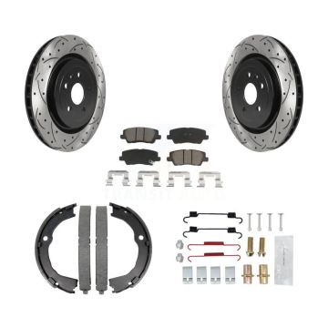 Rear Disc Drilled & Slotted Rotors Ceramic Pads Parking Brake Shoes And Hardware Kit For KDC-101492