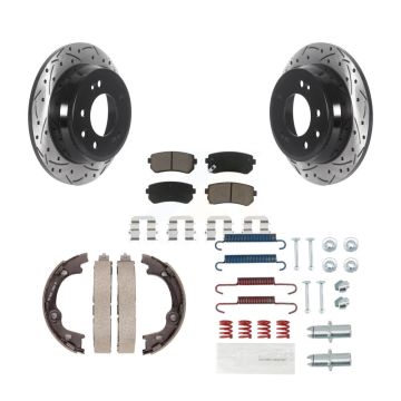 Rear Disc Drilled & Slotted Rotors Ceramic Pads Parking Brake Shoes And Hardware Kit For KDC-101496