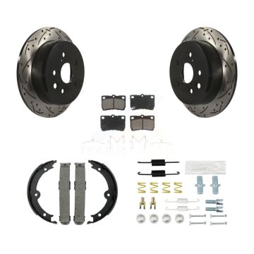 Rear Disc Drilled & Slotted Rotors Ceramic Pads Parking Brake Shoes And Hardware Kit For KDC-101498