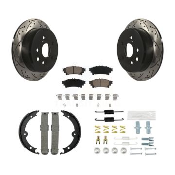 Rear Disc Drilled & Slotted Rotors Ceramic Pads Parking Brake Shoes And Hardware Kit For KDC-101499