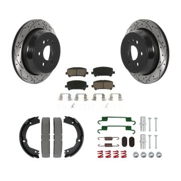 Rear Disc Drilled & Slotted Rotors Ceramic Pads Parking Shoes Hardware Kit For Chevrolet KDC-101501
