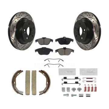 Rear Disc Drilled & Slotted Rotors Ceramic Pads Parking Brake Shoes And Hardware Kit For KDC-101507