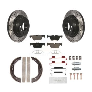 Rear Disc Drilled & Slotted Rotors Ceramic Pads Parking Shoes Hardware Kit For BMW 328i KDC-101514
