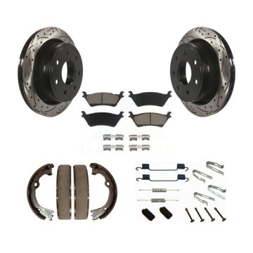 Rear Disc Drilled & Slotted Rotors Ceramic Pads Parking Shoes Hardware Kit For Ford F-150 KDC-101529