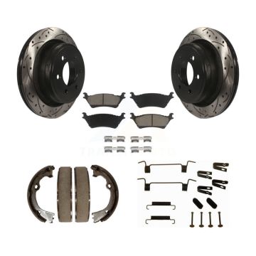Rear Disc Drilled & Slotted Rotors Ceramic Pads Parking Shoes Hardware Kit For Ford F-150 KDC-101532