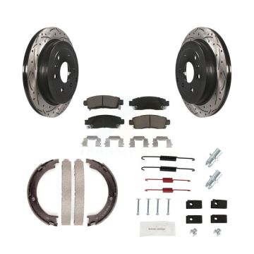 Rear Disc Drilled & Slotted Rotors Ceramic Pads Parking Shoes Hardware Kit For GMC Acadia KDC-101539