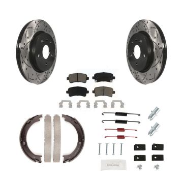 Rear Disc Drilled & Slotted Rotors Ceramic Pads Parking Brake Shoes And Hardware Kit For KDC-101540