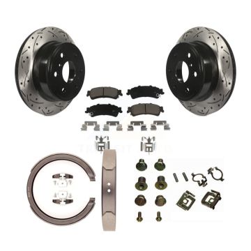 Rear Disc Drilled & Slotted Rotors Ceramic Pads Parking Brake Shoes And Hardware Kit For KDC-101555