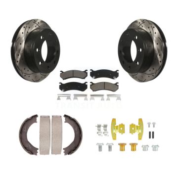 Rear Disc Drilled & Slotted Rotors Ceramic Pads Parking Shoes Hardware Kit For Chevrolet KDC-101563