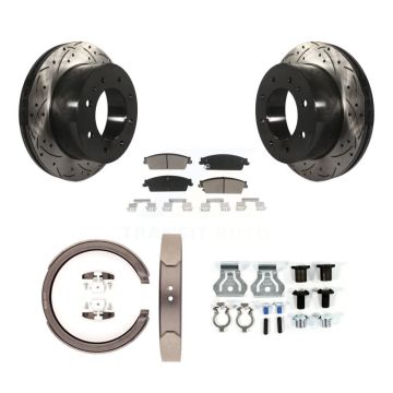 Rear Disc Drilled & Slotted Rotors Ceramic Pads Parking Brake Shoes And Hardware Kit For KDC-101564