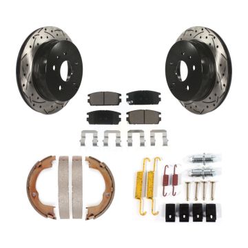 Rear Disc Drilled & Slotted Rotors Ceramic Pads Parking Shoes Hardware Kit For Chevrolet KDC-101566