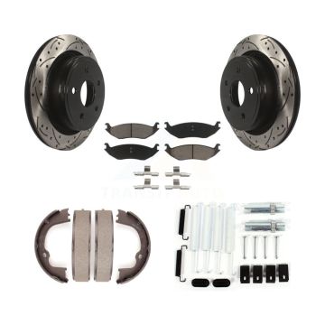 Rear Disc Drilled & Slotted Rotors Ceramic Pads Parking Shoes Hardware Kit For Ram 1500 KDC-101568