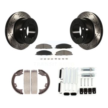 Rear Disc Drilled & Slotted Rotors Ceramic Pads Parking Shoes Hardware Kit For Ram 1500 KDC-101569