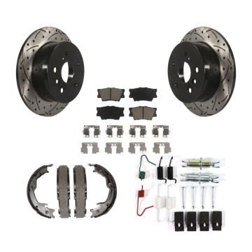 Rear Disc Drilled & Slotted Rotors Ceramic Pads Parking Shoes And Hardware Kit For Toyota KDC-101576