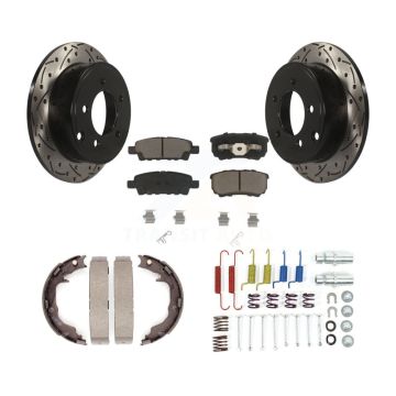 Rear Disc Drilled & Slotted Rotors Ceramic Pads Parking Brake Shoes And Hardware Kit For KDC-101581