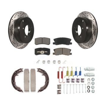 Rear Disc Drilled & Slotted Rotors Ceramic Pads Parking Brake Shoes And Hardware Kit For KDC-101582