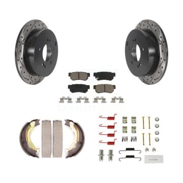 Rear Disc Drilled & Slotted Rotors Ceramic Pads Parking Shoes Hardware Kit For Hyundai KDC-101587