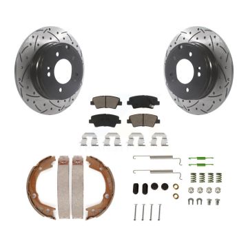 Rear Disc Drilled & Slotted Rotors Ceramic Pads Parking Brake Shoes And Hardware Kit For KDC-101589