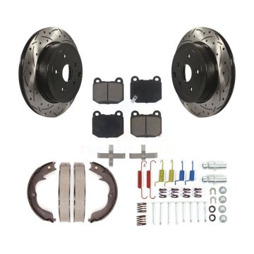 Rear Disc Drilled & Slotted Rotors Ceramic Pads Parking Brake Shoes And Hardware Kit For KDC-101595