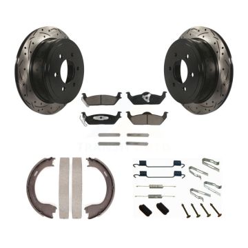 Rear Disc Drilled & Slotted Rotors Ceramic Pads Parking Shoes Hardware Kit For Ford F-150 KDC-101610