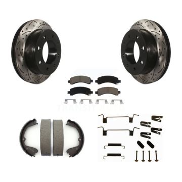 Rear Disc Drilled & Slotted Rotors Ceramic Pads Parking Brake Shoes And Hardware Kit For KDC-101623