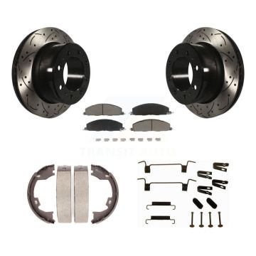 Rear Disc Drilled & Slotted Rotors Ceramic Pads Parking Shoes Hardware Kit For Ram 3500 KDC-101628
