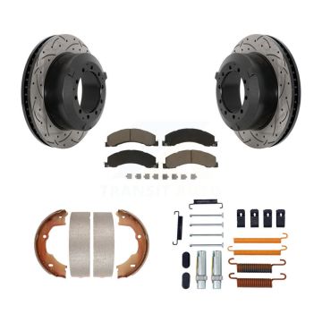 Rear Disc Drilled & Slotted Rotors Ceramic Pads Parking Shoes Hardware Kit For Ram Dodge KDC-101635