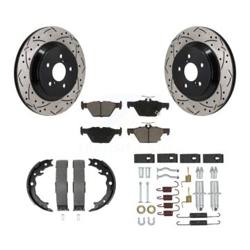 Rear Disc Drilled & Slotted Rotors Ceramic Pads Parking Brake Shoes And Hardware Kit For KDC-101645