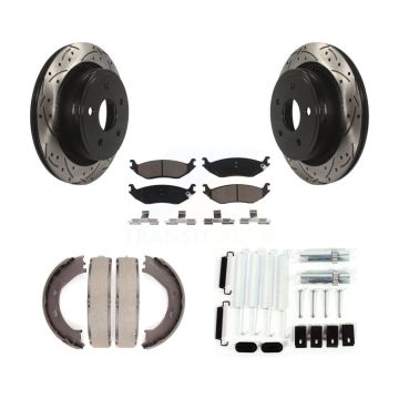Rear Disc Drilled & Slotted Rotors Ceramic Pads Parking Brake Shoes And Hardware Kit For KDC-101646