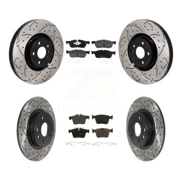 Front Rear Drill Slot Disc Brake Rotors Semi-Metallic Pad Kit For 2018 Jaguar E-Pace Base KDF-101285